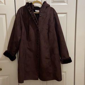 Chocolate brown fur trim suede coat